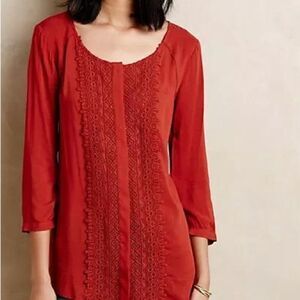 ANTHROPOLOGIE Maeve Rust Color Crescent Street Button Down Crochet Front Blouse